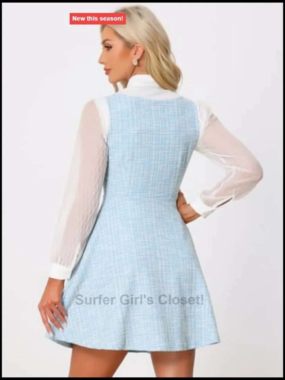 Allegra K Tweed A-Line Pinafore Dress, Sleeveless Square Neck, Pearl Buttons,